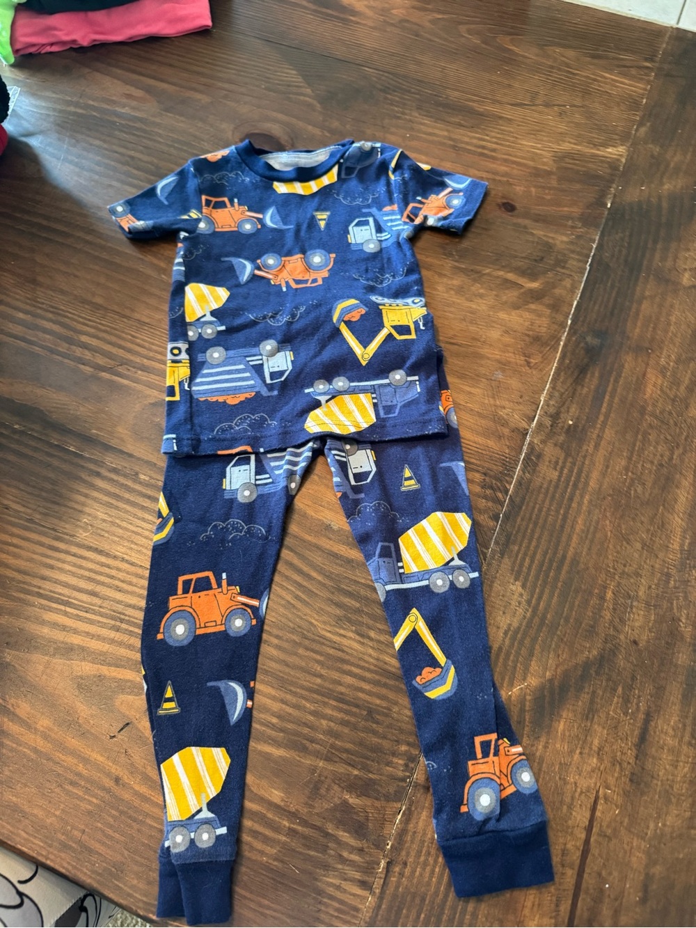 Navy Construction Vehicles Kids Pajama Set - Orange & Yellow Trucks